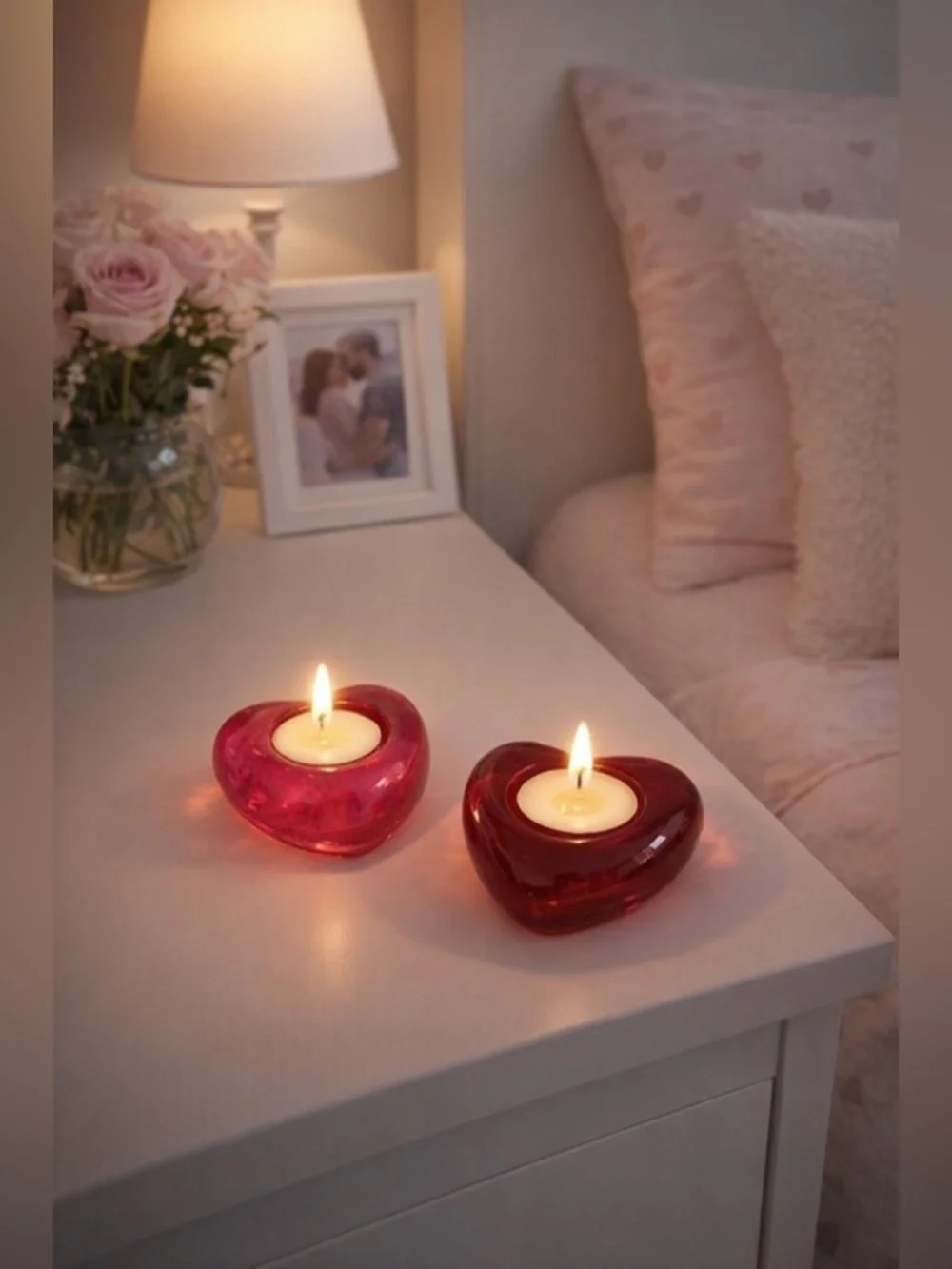 Heart-Shaped Glass tea Candle Holders - Red and Pink